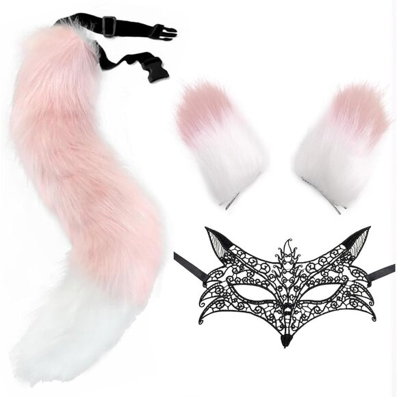 🆕 Women Pink Wolf Mask Faux Fur Ears Headband Hair Clips Cosplay Party Costume - Picture 1 of 6